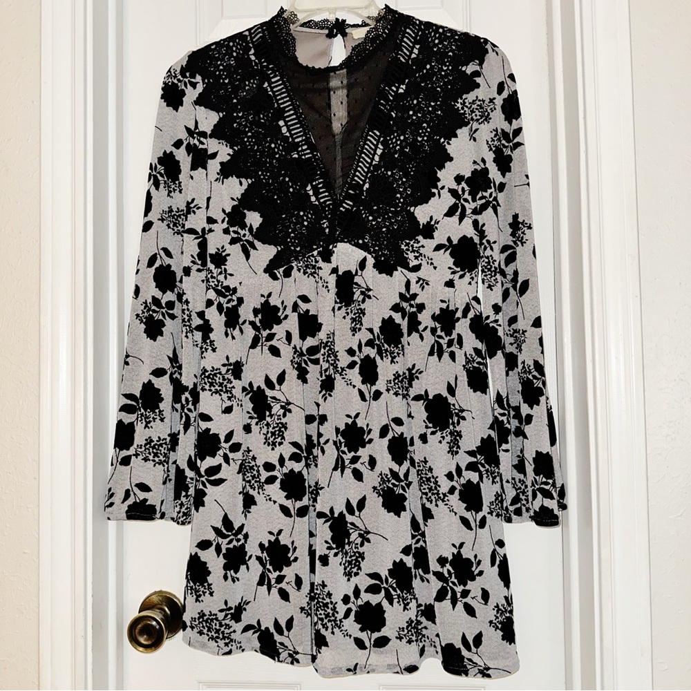 Entro Floral Velvet Burnout Baby Doll Mini Dress Whimsigoth Dark Romantic Sz M